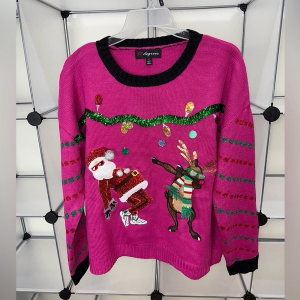 33 Degrees Women's Dancing Santa and Reindeer Ugly Christmas Sweater Pink L NWT - Picture 5 of 10